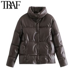 TRAF Women Fashion Thick Warm Faux Leather Padded Jacket Loose Parka Coat High Collar Long Sleeve Female Outerwear Chic Tops 210415