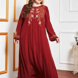 ethnic embroidery dress UK - Elegant Dress Red Ethnic Floral Embroidery Long Sleeve Dresses Fall Women Plus Size Muslim Turkey Arabic Clothes 210517