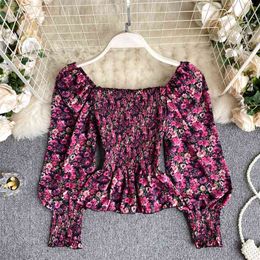 Women Floral Print Puff Long Sleeve Square Collar Cropped Blouse Vintage Style Spring Autumn Ruffles Elastic Female Shirts Tops 210603