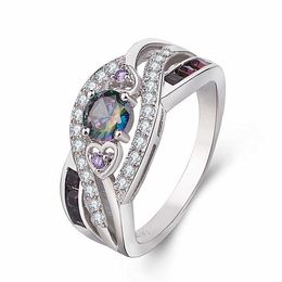 Womens Rings Crystal Jewelry Heart Amethyst Ring seven rainbow zircon plated white gold silver Cluster For Female Band styles