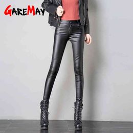 Stretch Fleece winter pants leather women's casual pu warm Female Pencil Velvet Trousers Slim Autumn high waist 210428