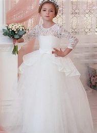 White Flower Girl Dresses Tulle Fluffy Elegant Long Sleeve Lace Applique For Wedding Cute Princess Birthday