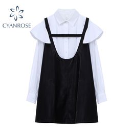 White Blouses+Black PU Faxu Leather Vest Dress Women's Outfits Summer Streetwear E-Girl Aesthetic Rok 2 Pieces Sets Ladies 210417