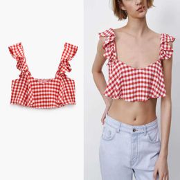 ZA Cropped Gingham Top Women Wide Straps Ruffle Summer Tank Chic Smocked Elastic Vintage Woman Plaid Red Camis Tanks 210602