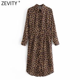 Women Vintage Turn Down Collar Leopard Print Casual Shirt Dress Ladies Chic Long Sleeve Pleats Midi Vestido DS5001 210416