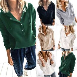 Casual Solid Colorhooded Pullover Drawstring Button Pocket Loose Sweatshirt Women Long Sleeve Hoodies Oversized Streetwear 210517