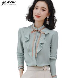 Light Blue Shirt Women Autumn Retro Long Sleeve Stand Collar Ruffles Chiffon Blouses Office Ladies Fashion Work Tops 210604