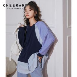 Herbst Crewneck Sweatshirt Frauen Hoodie Blau Gestreift Patchwork Top Lose Pullover Casual Kleidung 210427