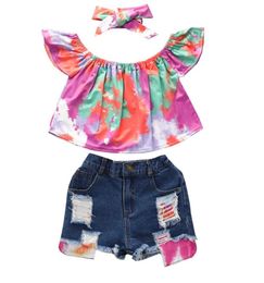 Kids Girls Clothes Sets 2021 Summer Baby Off Shoulder Short Sleeve Tie-dye Blouse Ripped Denim Shorts 3Pcs Child Outfits