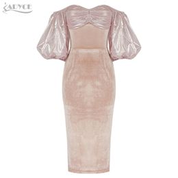 Summer Women Pink Off Shoulder Midi Dress Sexy Short Lantern Sleeve Celebrity Evening Runway Club Party Dresses 210423