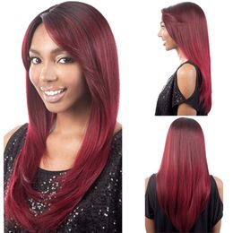 styled wigs UK - Burgundy Straight Styles Synthetic Wig Side Part Simulation Human Hair Wigs Hairpieces for Black and White Women Perruques K42
