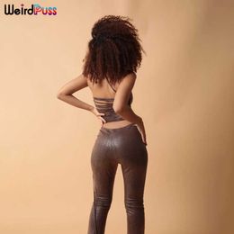 Weird Puss Faux Leather 2 Piece Outfits For Women Elegant Backless Bandage Y2K Crop Tops+Flare Pants Matching 2021 Streetwear Y0625