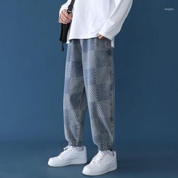 Men's Pants Korean Plaid Jeans Fashion Retro Casual Wide-leg Men Streetwear Loose Hip-hop Drawstring Denim Trousers Mens M-5XL1