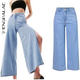 Fashion Wide Leg High Waist Jeans Woman Loose Ankle Length Cool Split Open Side Denim Pants Summer ZA3940 210427