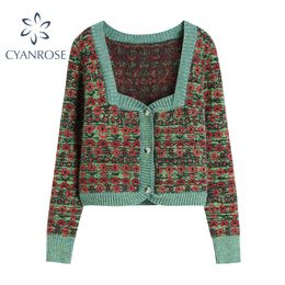 Flower Sweater Women Square Collar Vintage Long Sleeve Cardigan French Mori Girl Crop Knitwear Female Baggy Elegant Knitted Tops 210417