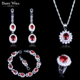 Classic Dubai Style Red Created Garnet White Zircon Silver Colour Jewellery Sets Bracelets Pendant Earring Ring for love H1022