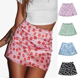 Women summer mini skirts high waist satin floral printed short skirt American sexy pink pencil above knee BSQ096 210629