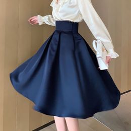 Spring Fashion Casual Elegante Women Solid Colour Knee-Length Drak Blue Pleated A-line Silk Skirt 8Y481 210510