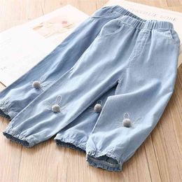 Casual Spring Autumn 2 3 4 6 8 9 10 Years Children Pocket Elastic Cartoon Lantern Cotton Denim Jeans For Kids Baby Girls 210317