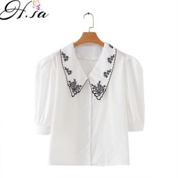 HSA Embroidery Turn-Down Collar Shirt Tops Solid Lantern Short Sleeve Women Blouses Female CasualFemale Blusas Mujer 210417