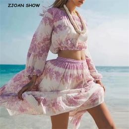 Bohemian Stream Flower Print Long Skirt Stitching Ruched Ruffle Hem Holiday Women Adjust Elastic Waist Swing Skirts Beach 210429