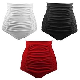 Women Vintage Bottom Shorts Ladies Solid Pleated Ruched Brazilian Bathing for Female 210724
