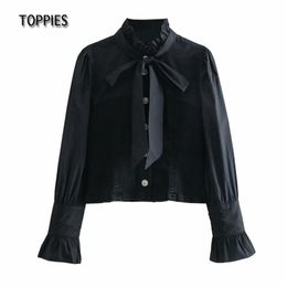 Vintage Black Denim Shirts Long Sleeves Sweet Bow Tie Ladies Tops Diamond Button Fashion Streetwear 210421