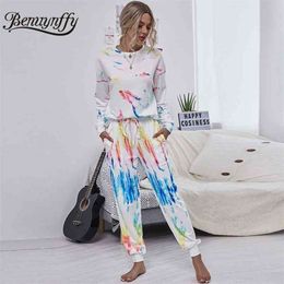 Casual Home Tie Dye Two Piece Set Women Tracksuit Autumn Winter Korean Sweatshirt and Drawstring Pants Sets 210510