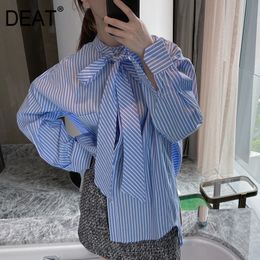 Women Blue Striped Single Breasted Blouse Bow Neck Long Sleeve Loose Fit Shirt Fashion Tide Spring Autumn 7D0054 210421