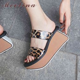 Women Shoes Summer Slides Natural Cow Leather Platform Wedges High Heel Leopard Open Toe Slippers Lady Sandals 39 210517