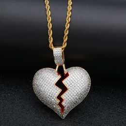 Hip Hop Solid Broken Heart Iced Out Pendant Necklace Charm For Men Women Gold Colour Cubic Zircon Jewellery