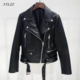 FTLZZ Autumn Women Pu Leather Jacket Woman Zipper Belt Short Coat Female Black Punk Bomber Faux Leather Outwear 210909