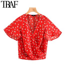 TRAF Women Sweet Fashion Floral Print Pleated Blouses Vintage V Neck Short Sleeve Female Shirts Blusas Chic Tops 210415