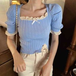French Square Collar Temperament Short T-Shirt Female Design Sense Split Lace Slim and Sleeve T Shirt Summer 210529
