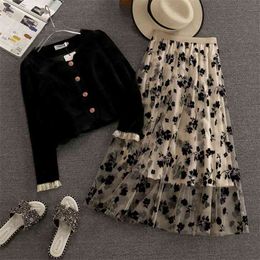 Spring Vintage Two Piece Set Women Outfits Long Sleeve Crop Tops & Floral Mesh Skirt Suits Female 2 210514