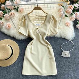 Women's Summer Fashion Kink Square Neck Short Sleeve Slim Mini A-line Dress Clothes Vestido De Mujer S466 210527