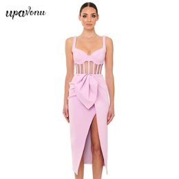 Free Pink Midi Bandage Dress Women Sexy Strap V-neck Sleeveless Hollow Draped Split Celebrity Club Party Vestidos 210524