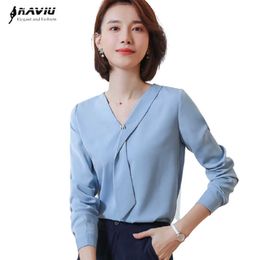 Light Blue Shirt Women Spring Elegant V Neck Ruffles Chiffon Long Sleeve Blouses Office Ladies Foraml Work Tops White 210604