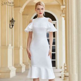 Summer Women Club White Ruffles Bandage Dress Sexy Hollow Out Short Sleeve Celebrity Runway Party Vestidos 210423