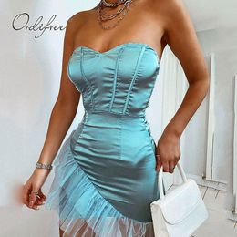 Summer Women Short Party Satin Slip Backless Strapless Lace Patchwork Silk Shiny Sexy Night Club Wrap Dress 210415