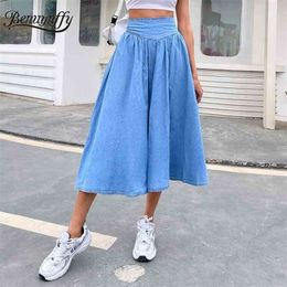 Solid Zipper Back Long Jean Skirts Women Summer Wash High Waist Female Casual Flared Denim Skirt Streetwear 210510