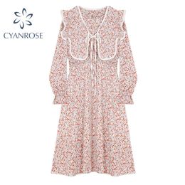 beach summer girls Canada - New Women's Dress With Lace-up Shawl Elegant French Retro Floral Print Mori Girl Dresses Summer Holiday Beach Vestidos Lady 210417