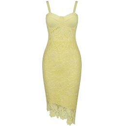 Lace Women Dress Bandage Sexy Party Club Elegant Celebrity Bodycon Autumn Spaghetti Strap Sleeveless Clothing 210515