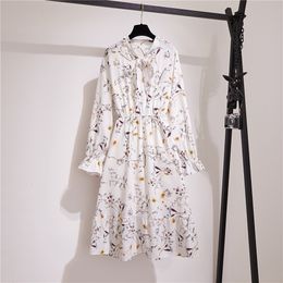 Fashion Korean Style Summer Shirt Dress Women Party Red Chiffon Vintage Dot Floral Long Sleeve V Neck Pleated Office Beach