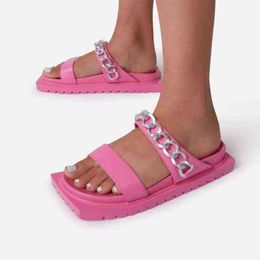 Women Chain Sandals Summer Flats Slippers 2022 New Rome Platform Flip Flops Classic Dress Slingback Shallow Shoes Female Slides Y220224