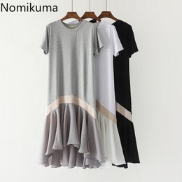 Nomikuma Korean Fashion Midi Dress Women Summer Contrast Colour Patchwork Casual Loose Short Sleeve Dresses Robe Femme 210514