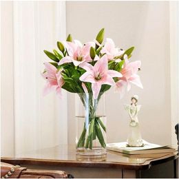 Decorative Flowers & Wreaths High Quality 10pcs/lot Home Art Decor White Real Touch 30cm Plastic Lily Artificial Flower Bouquet For El Weddi