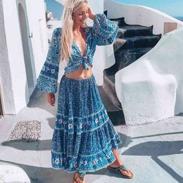 Inspired blue long floral skirts womens Summer Bohemian Holiday Beach Skirt for women elastic waist new summer Skirt 210412