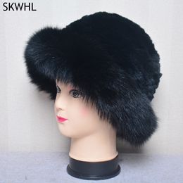 Knitted Real Genuine Fox Fur Hats Women Beanies Solid Rex Rabbit Fur Caps Winter Lady Party Fashion