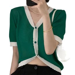Contrasting color ice silk knitted cardigan V-neck cropped short-sleeved top summer Korean fashion women's clothing 210520